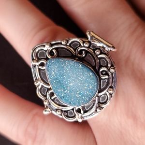 New Blue Titanium Druzy 925 Silver Poison Ring.